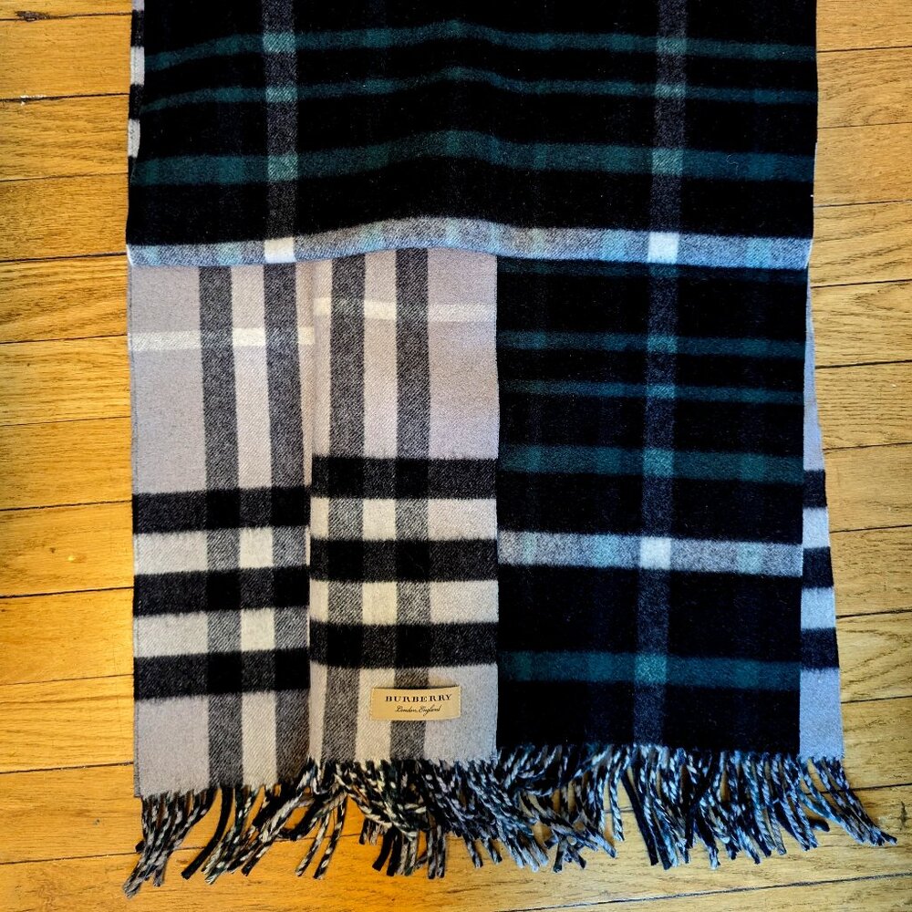 Burberry cashmere scarf, extra-wide, reversible, green/navy + silver/black